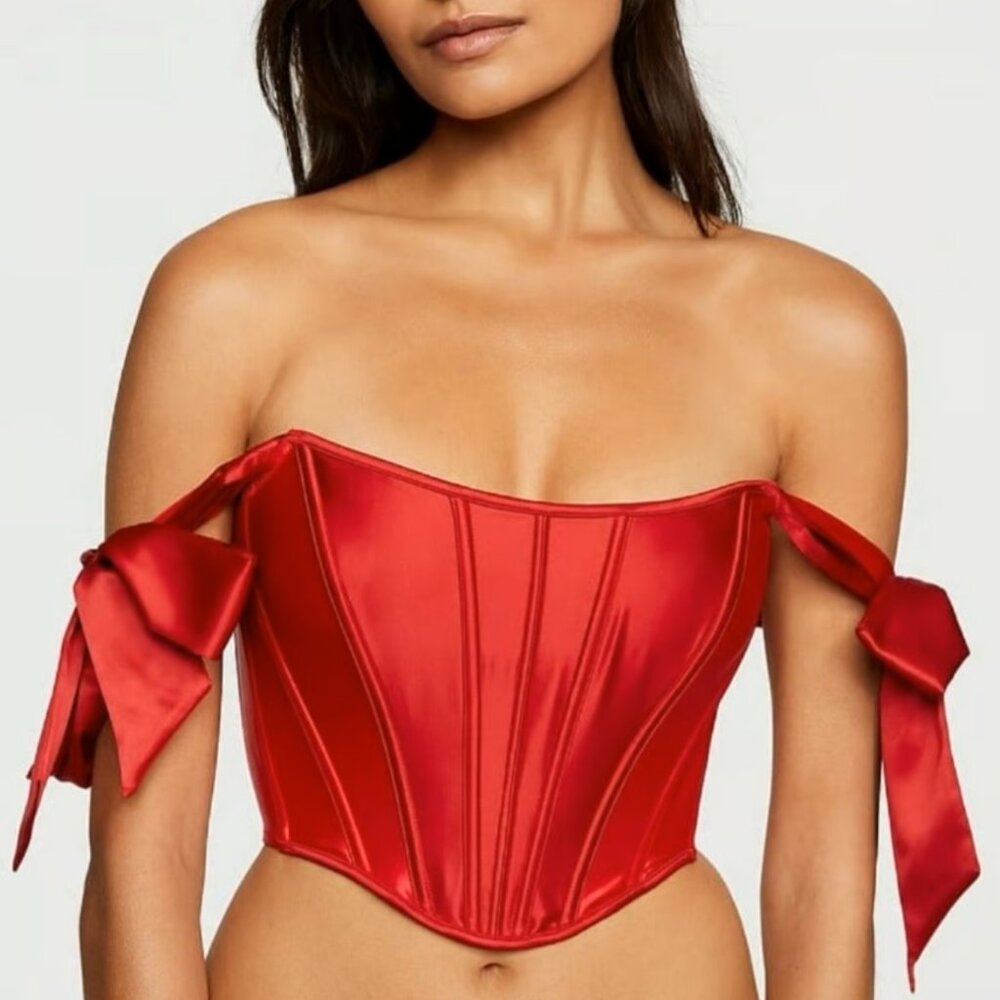 S DD Victoria's Secret X Mariah Carey Ribbon Corset Top Red Satin RARE NWT V Day